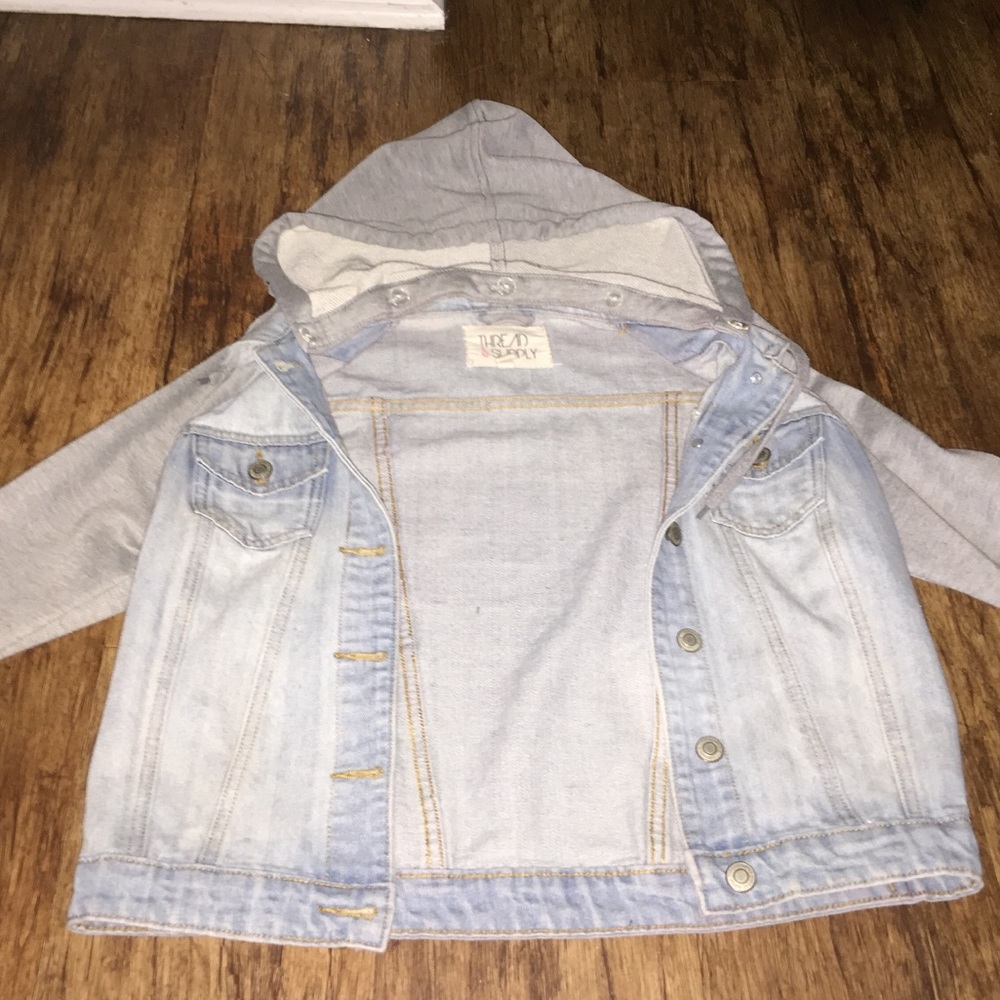 Light wash jean jacket with grey comfy sleeves